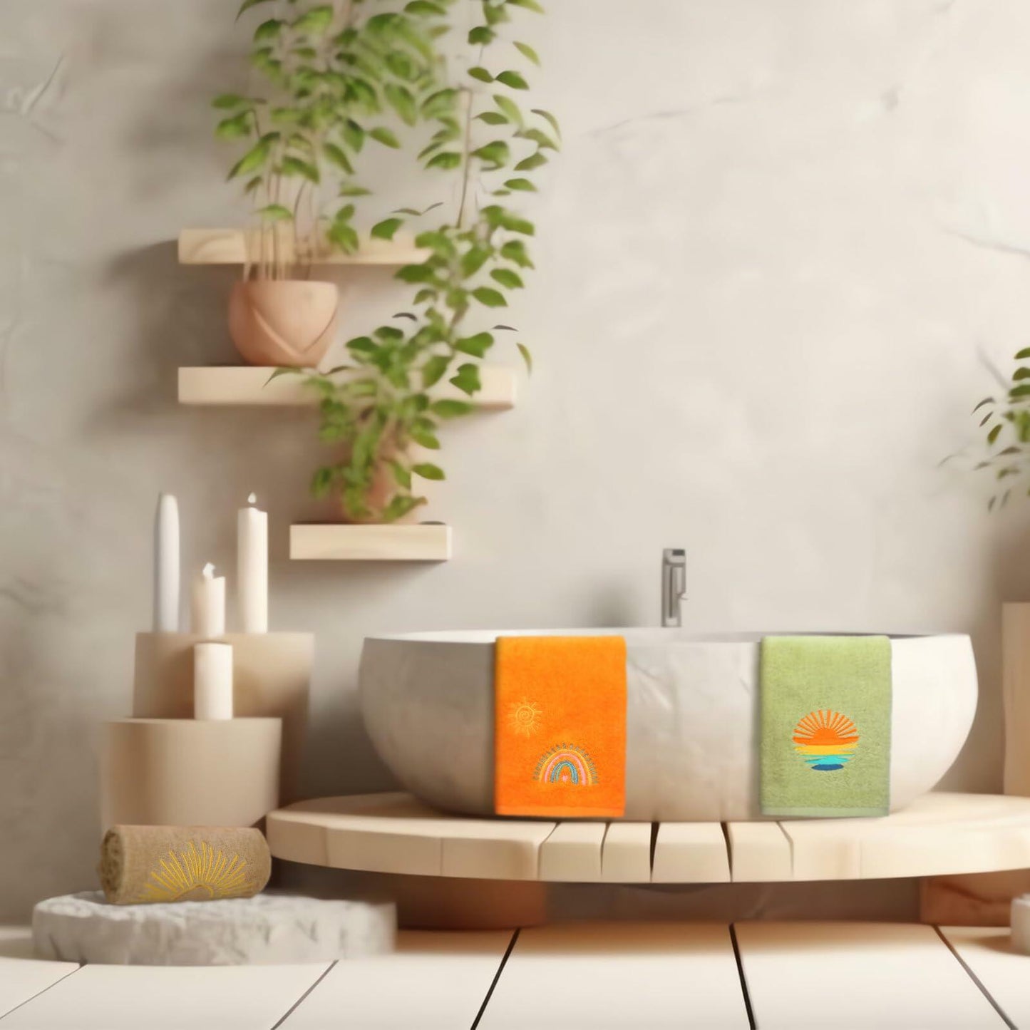 Fanfanwin Boho Embroidered Cotton Hand Towels 14x29 Inch Sun Moon Rainbow 3 Pc