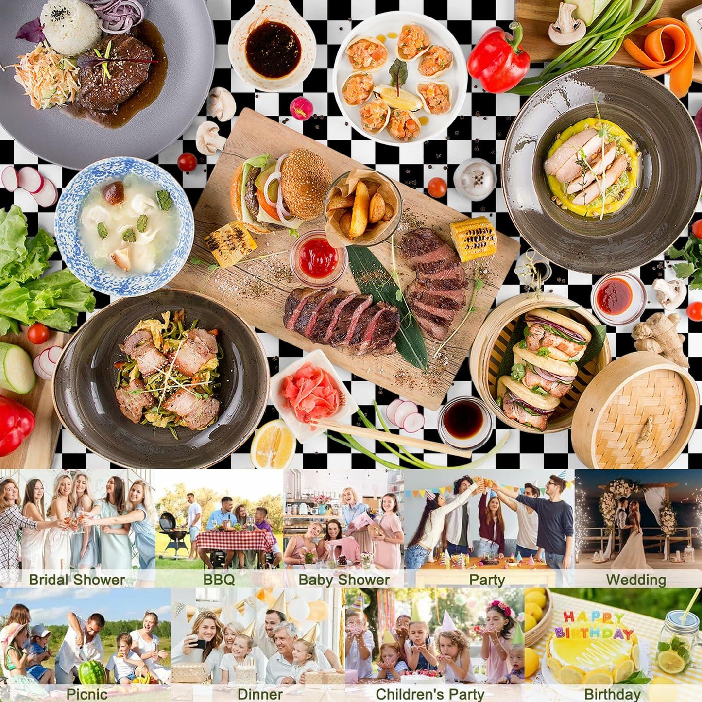 CINSOEN 4 Pack Black White Checkered Plastic Tablecloth 54x108in Rectangle