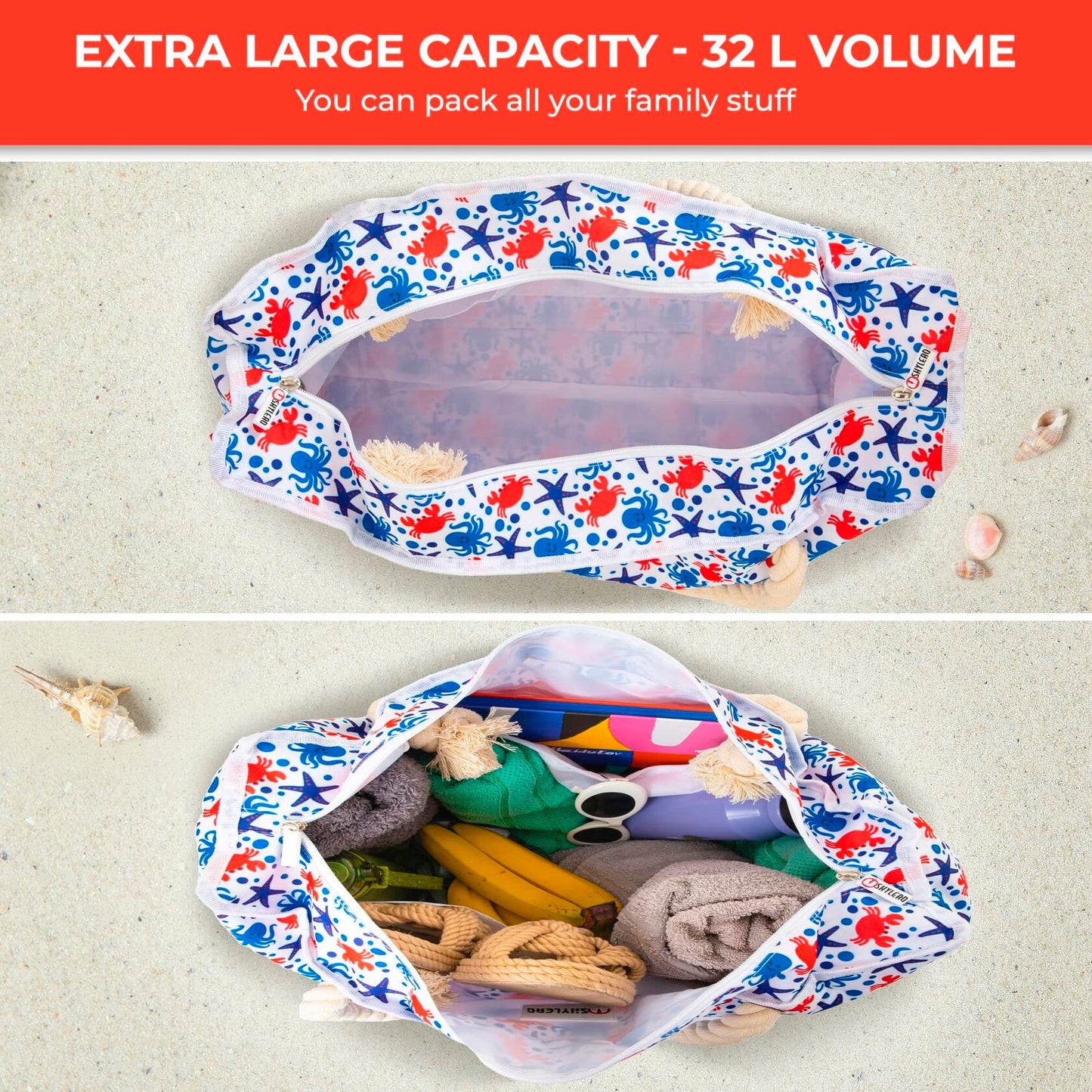 SHYLERO Waterproof Beach Tote Bag with Airtight Pouch & Key Holder L22xH15xW6