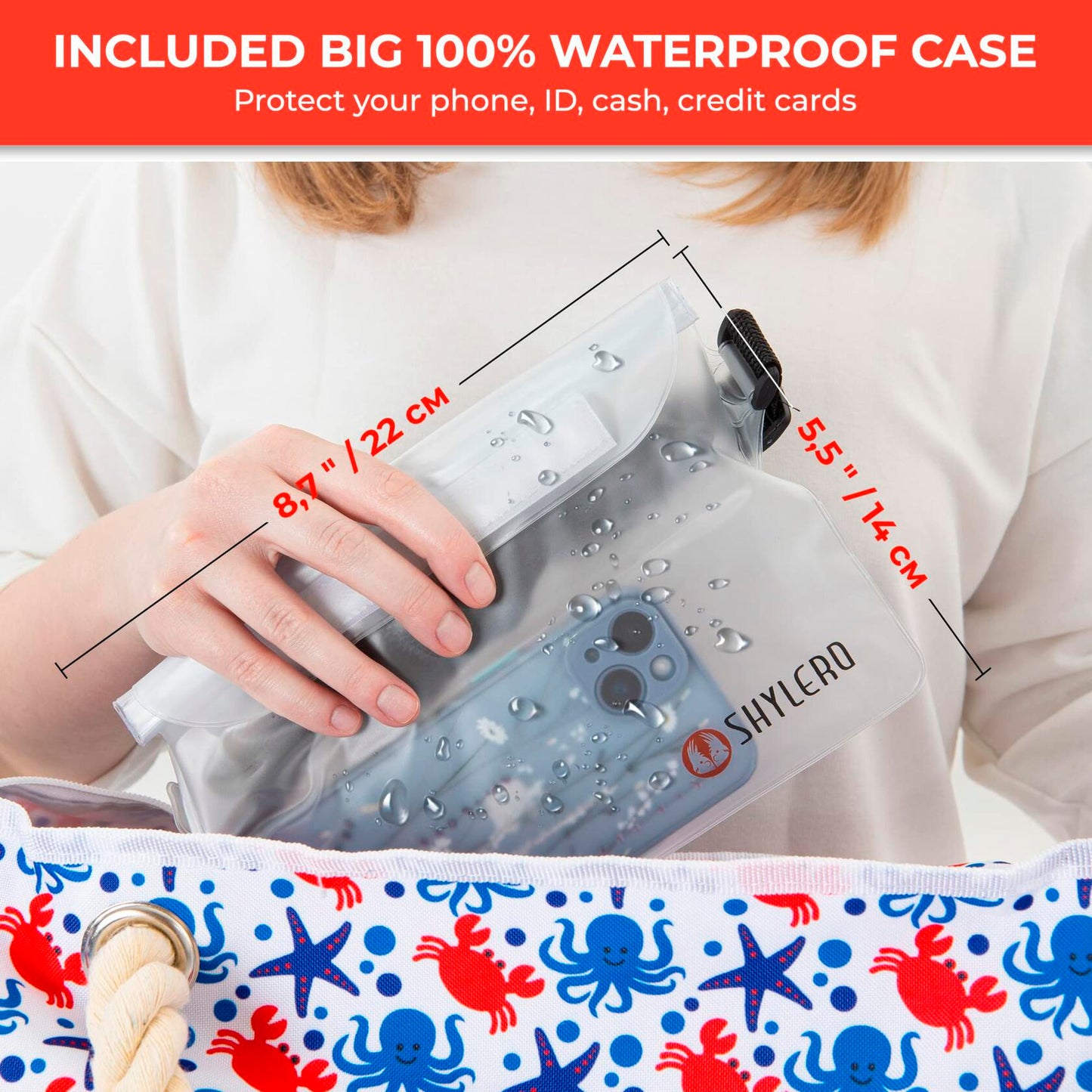 SHYLERO Waterproof Beach Tote Bag with Airtight Pouch & Key Holder L22xH15xW6
