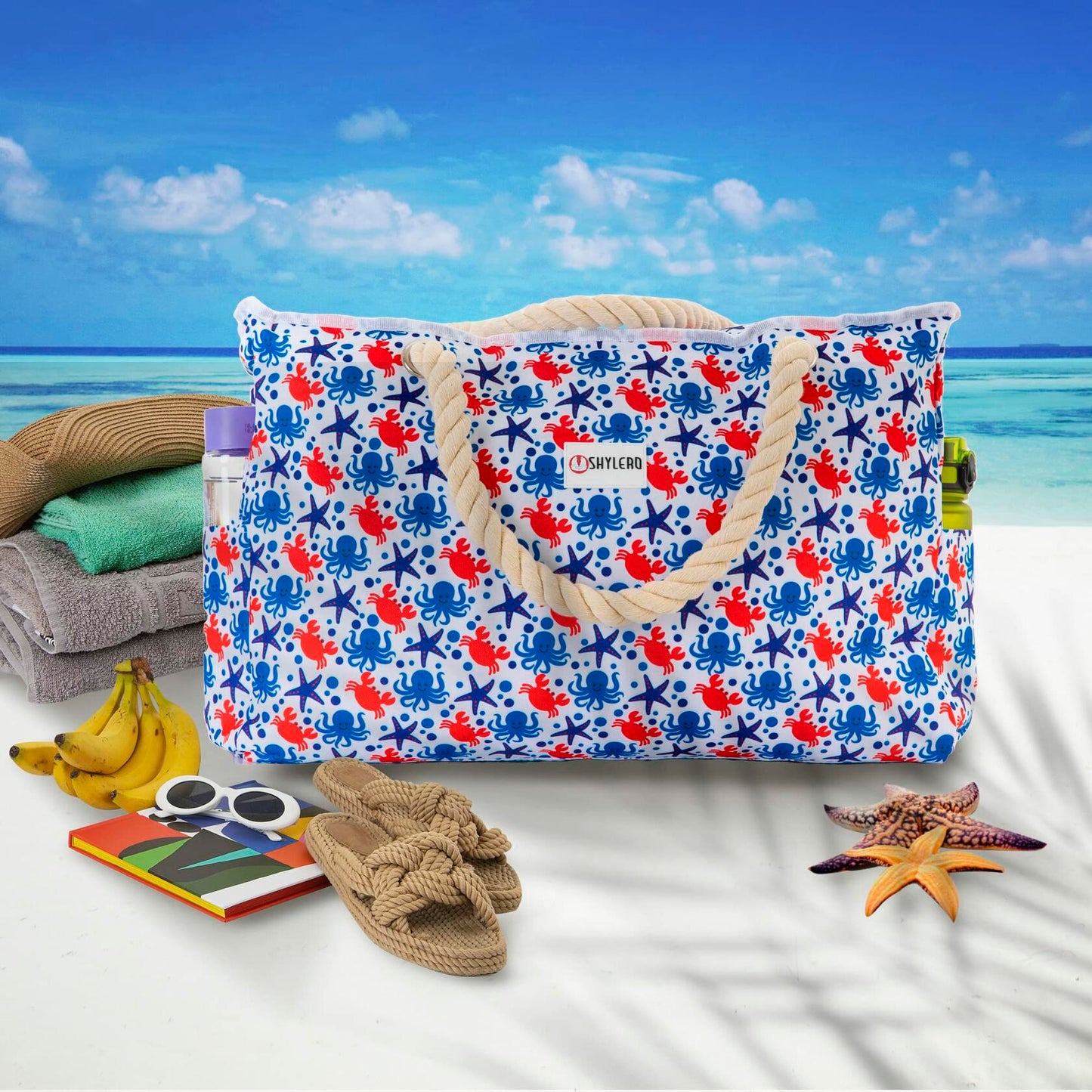 SHYLERO Waterproof Beach Tote Bag with Airtight Pouch & Key Holder L22xH15xW6