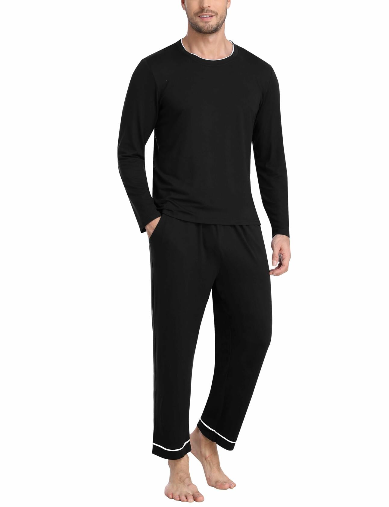 MoFiz Mens Long Sleeve Pajama Set Black Top & Pants 2 Piece Loungewear Size L