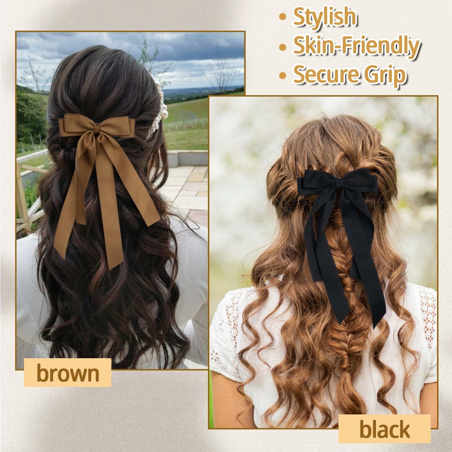 MIKONIKO Bow Hair Clips 2PCS Set Black Brown Ribbon Alligator Clip