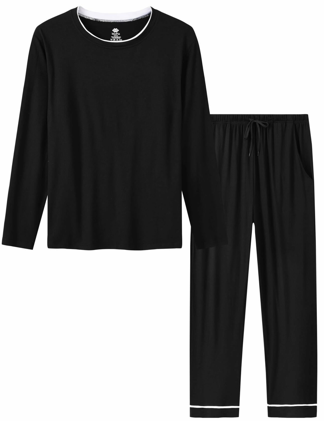 MoFiz Mens Long Sleeve Pajama Set Black Top & Pants 2 Piece Loungewear Size L