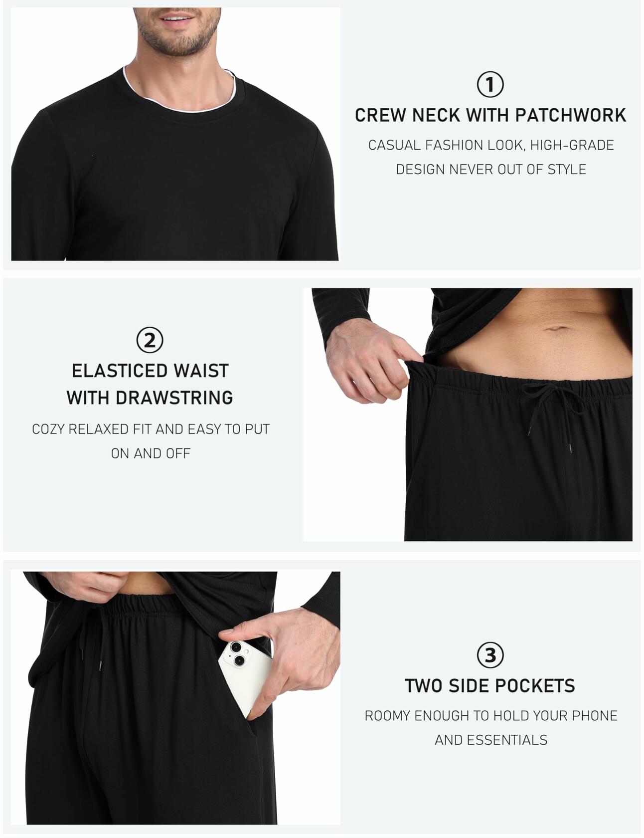 MoFiz Mens Long Sleeve Pajama Set Black Top & Pants 2 Piece Loungewear Size L