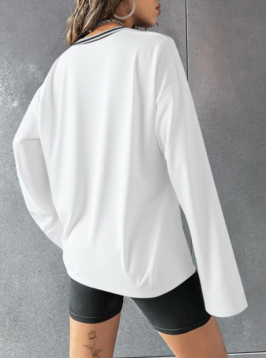 Hilinker Women's Oversized Graphic V Neck Long Sleeve Tee White Red Size L