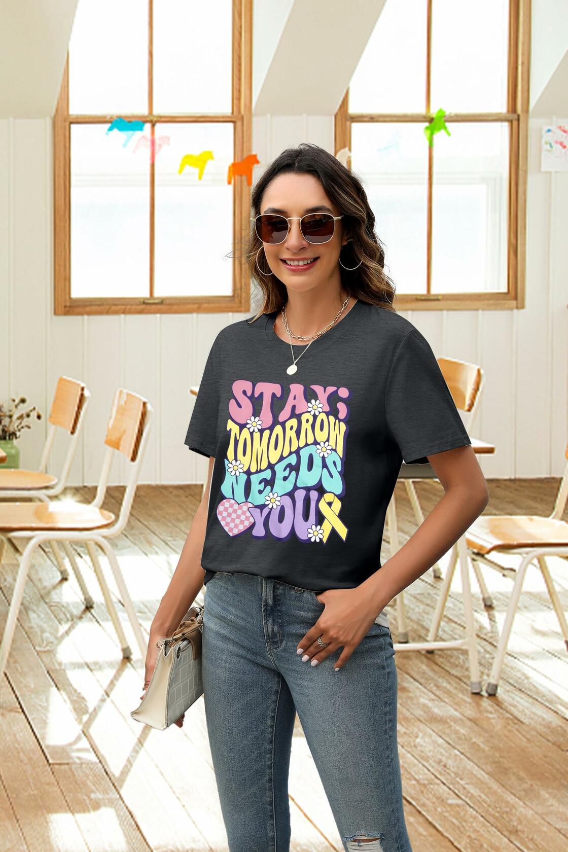 FAYALEQ Suicide Awareness Women Shirt Dark Grey Letter Print Size L