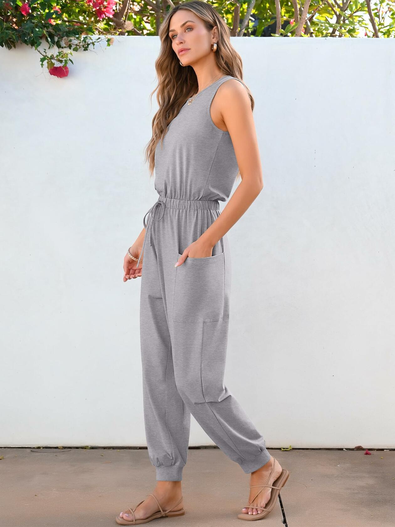 ANRABESS Women's Sleeveless Crewneck Jumpsuit Romper Grey Size Small
