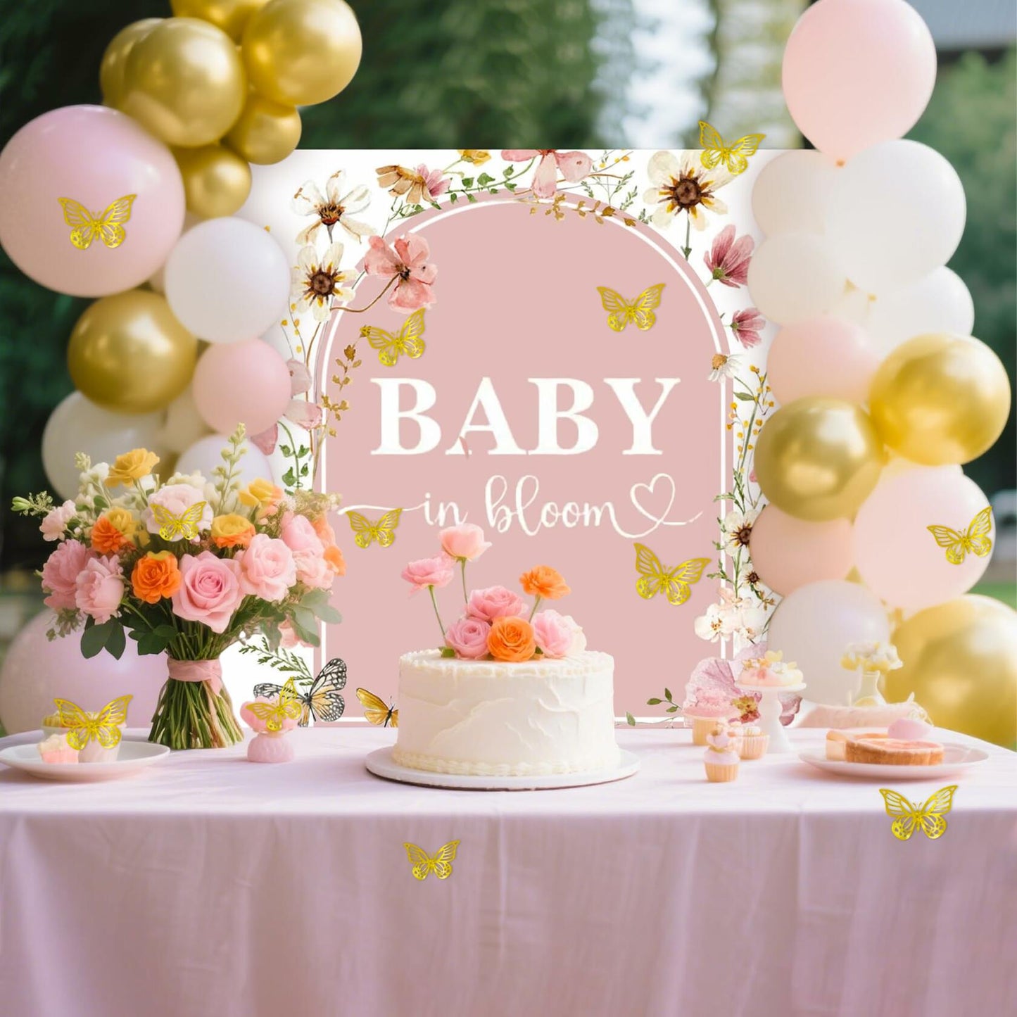 BACH AND BOUJEE Wildflower Baby in Bloom Backdrop Banner Pink Floral Decor