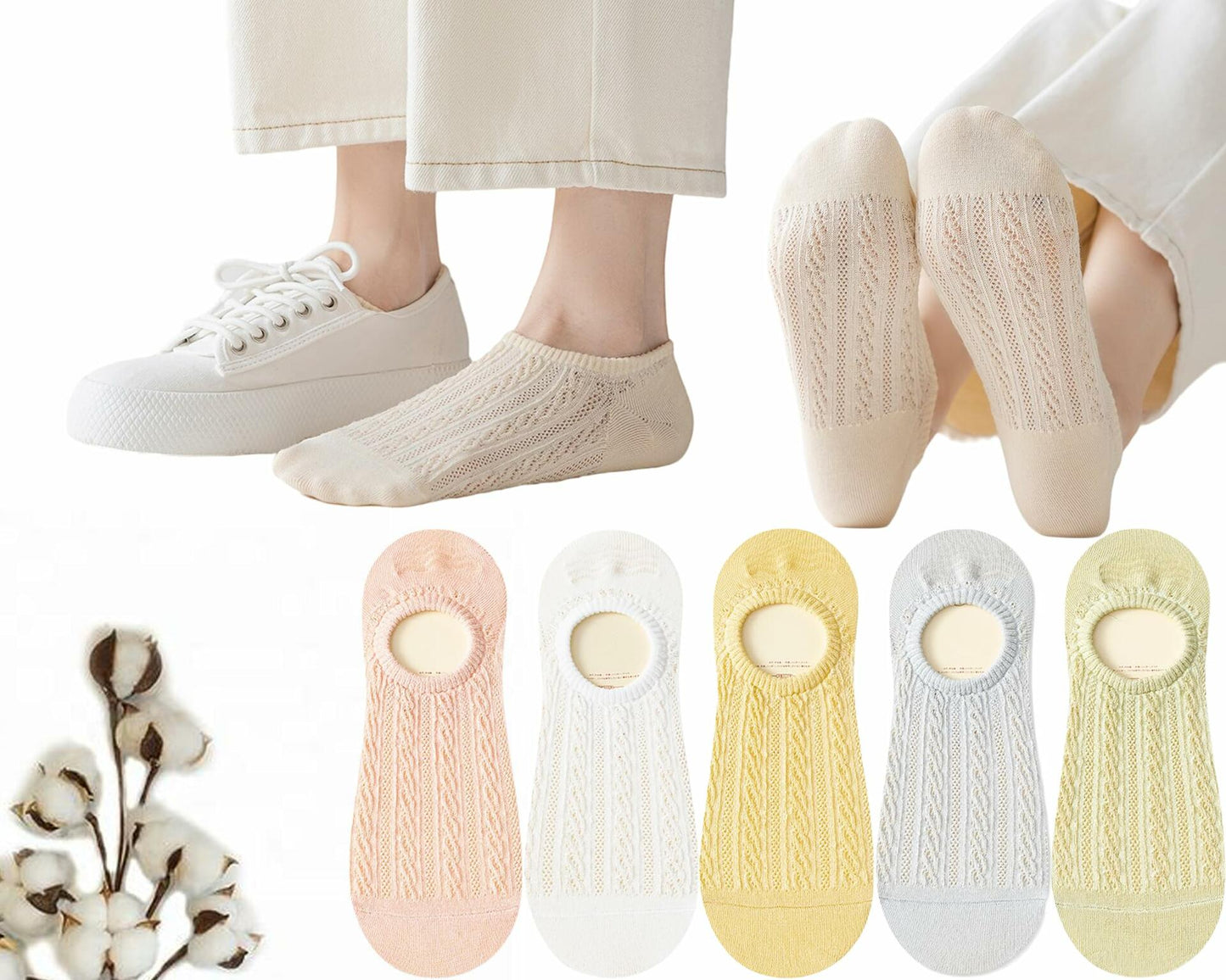 CHUNFO Womens No Show Socks Antislip Seamless Cushioned 5 Pairs Size 5.5-10