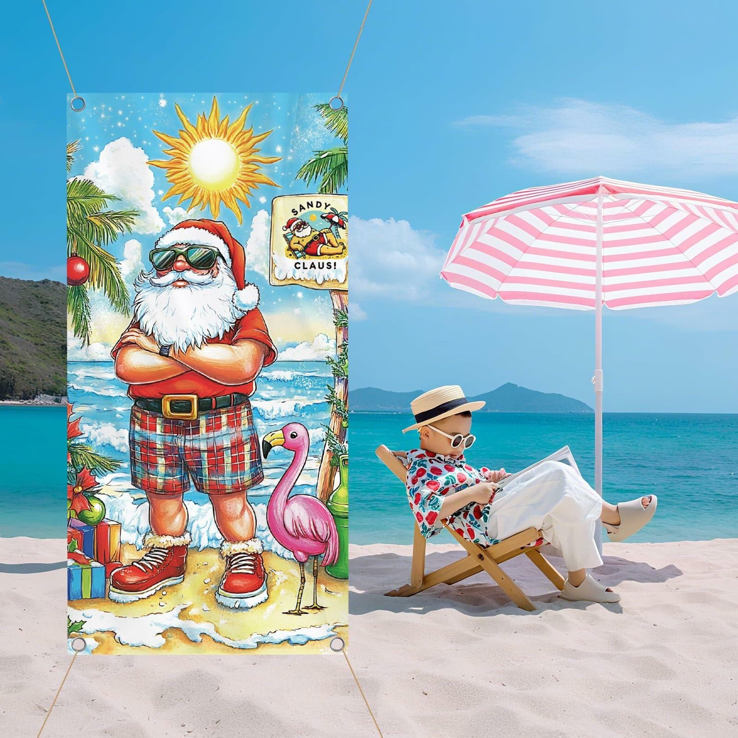 Buff Santa Hawaiian Beach Door Cover Summer Christmas Party Decoration