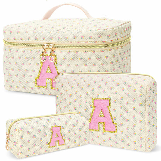 DOSUKE 3 PCS Travel Makeup Bag Set Floral Quilted Cotton Flower