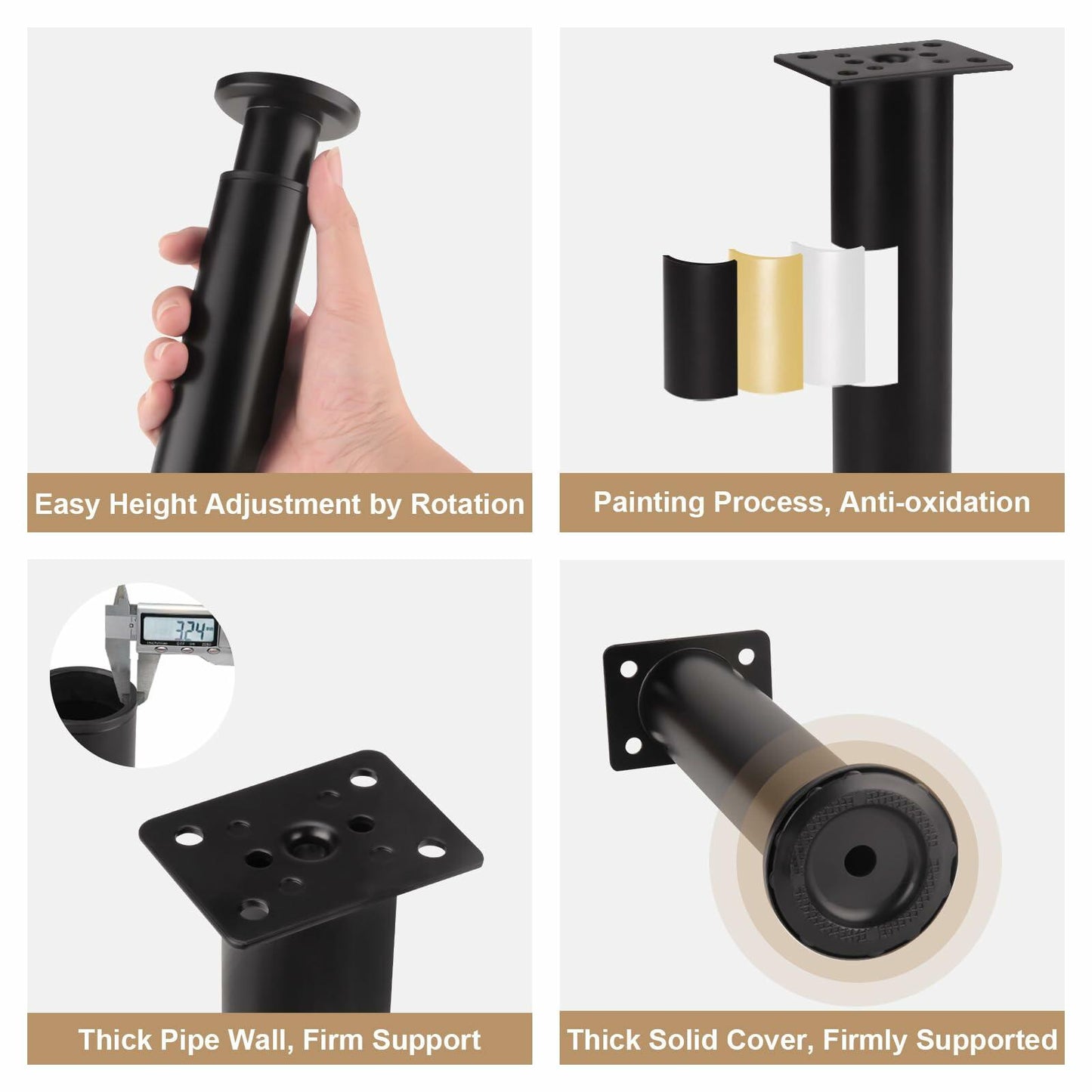 FIVEPEARS Adjustable Furniture Legs 4.72-7.08in Metal Black 4 PCS