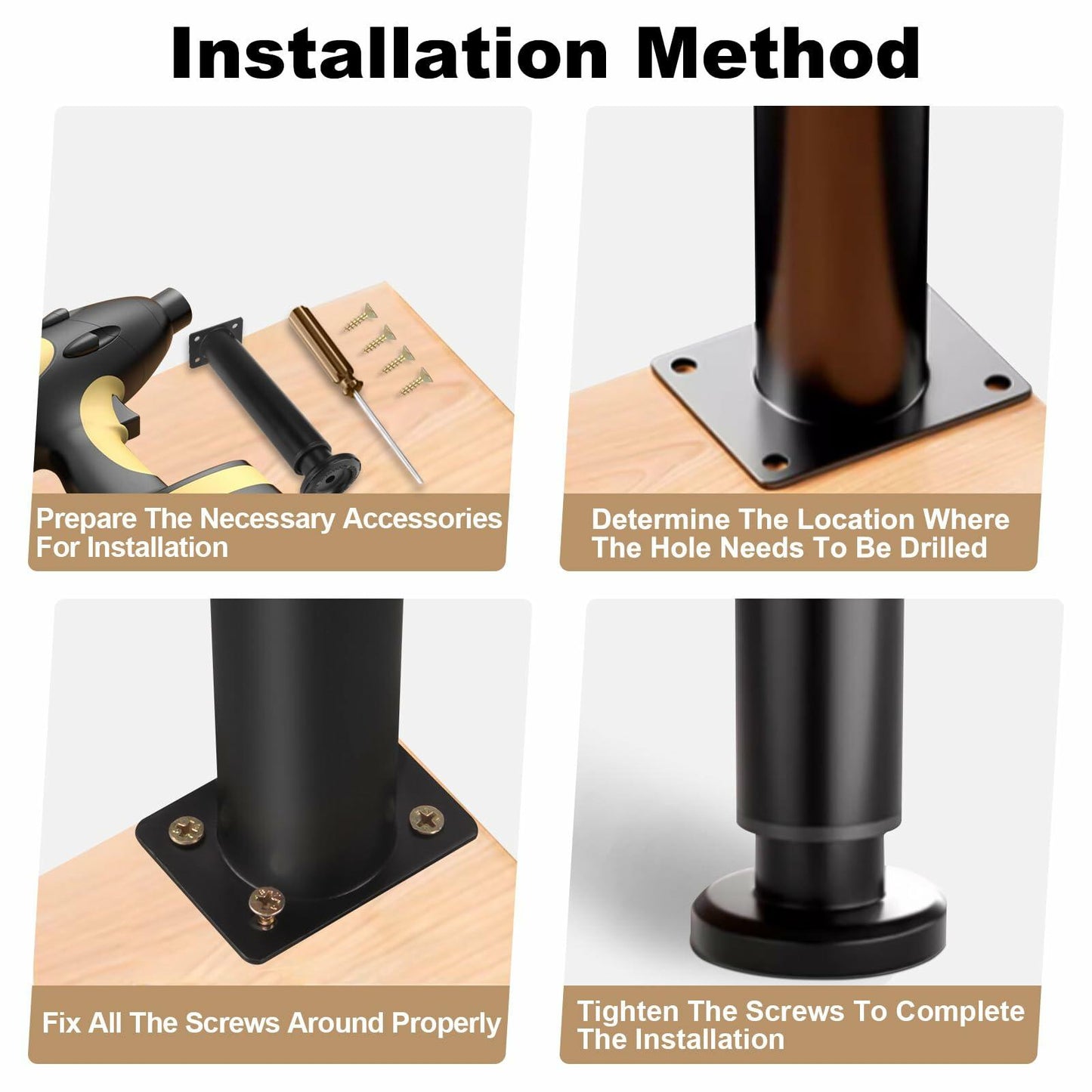 FIVEPEARS Adjustable Furniture Legs 4.72-7.08in Metal Black 4 PCS