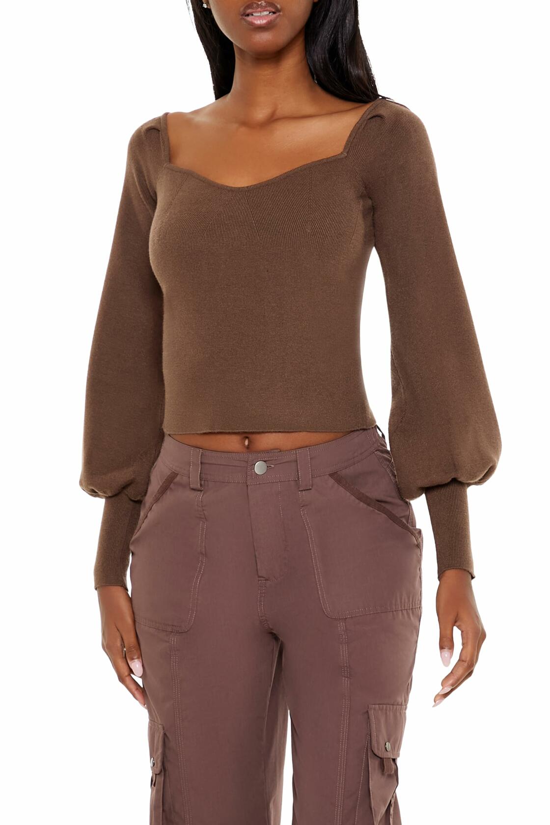 Forever 21 Gigot-Sleeve Sweater-Knit Crop Top Espresso Brown Size XS