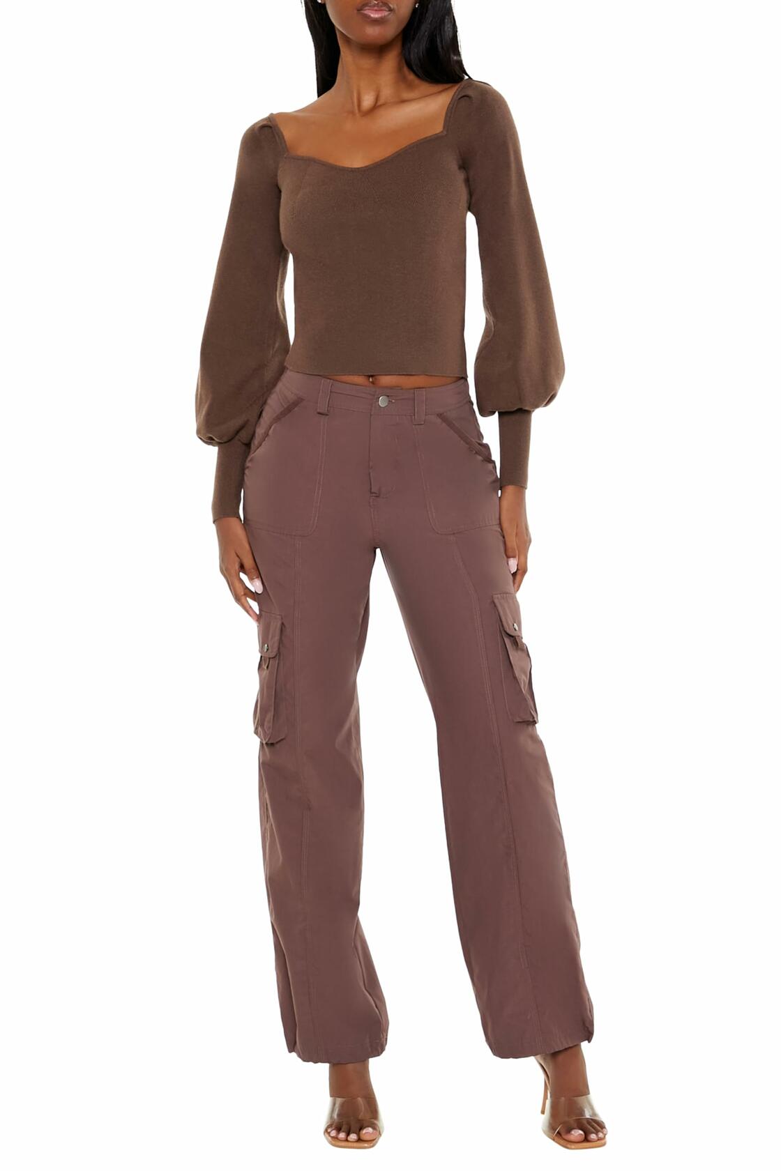 Forever 21 Gigot-Sleeve Sweater-Knit Crop Top Espresso Brown Size XS