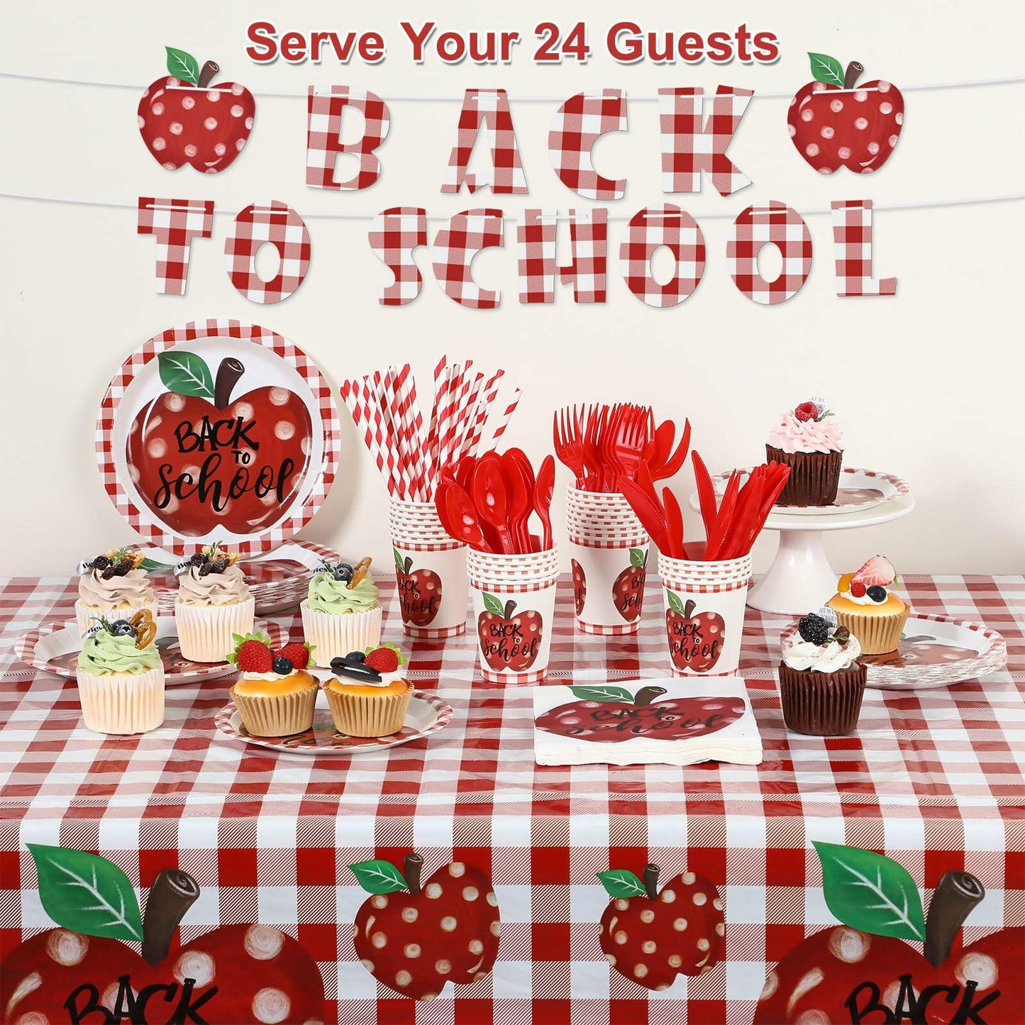 Zhehao 195 Pc Back to School Party Tableware Set Apple Red White Green