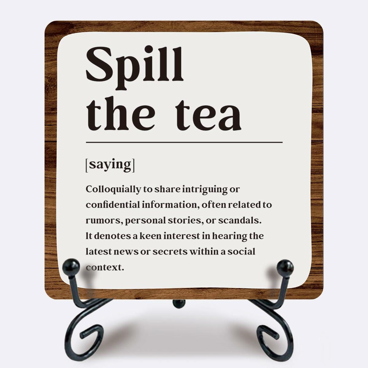 Ketsord Gossip Wood Plaque Spill The Tea Tabletop Decor White 5x5