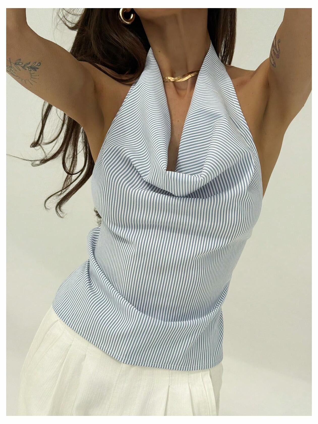 SOLY HUX Women's Striped Deep V Neck Bow Tie Backless Halter Top Blue Size S