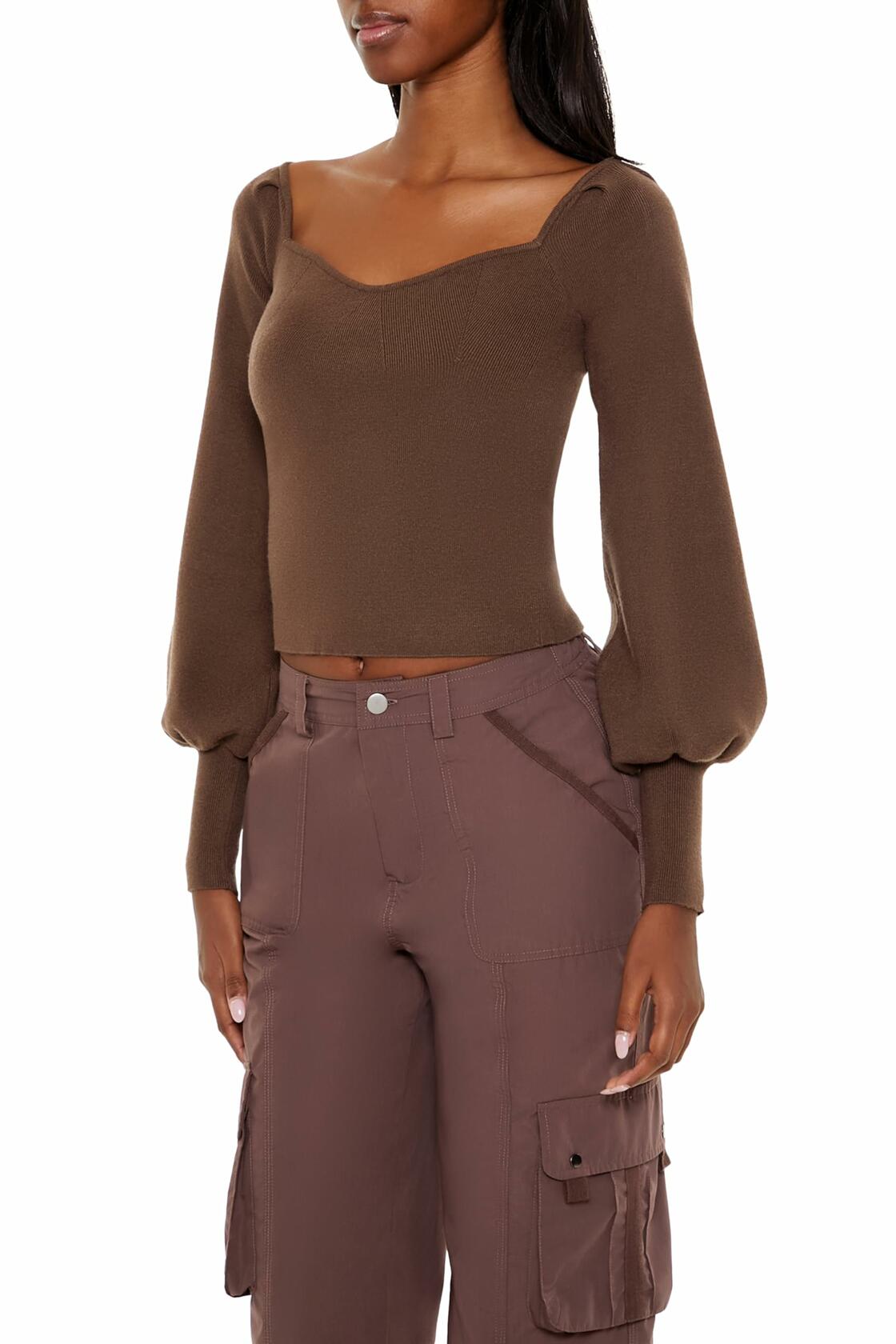 Forever 21 Gigot-Sleeve Sweater-Knit Crop Top Espresso Brown Size XS