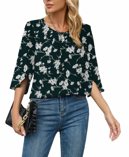 TASAMO Women's 3/4 Sleeve Loose Blouse Tunic Top Dark Green Size XX-Large