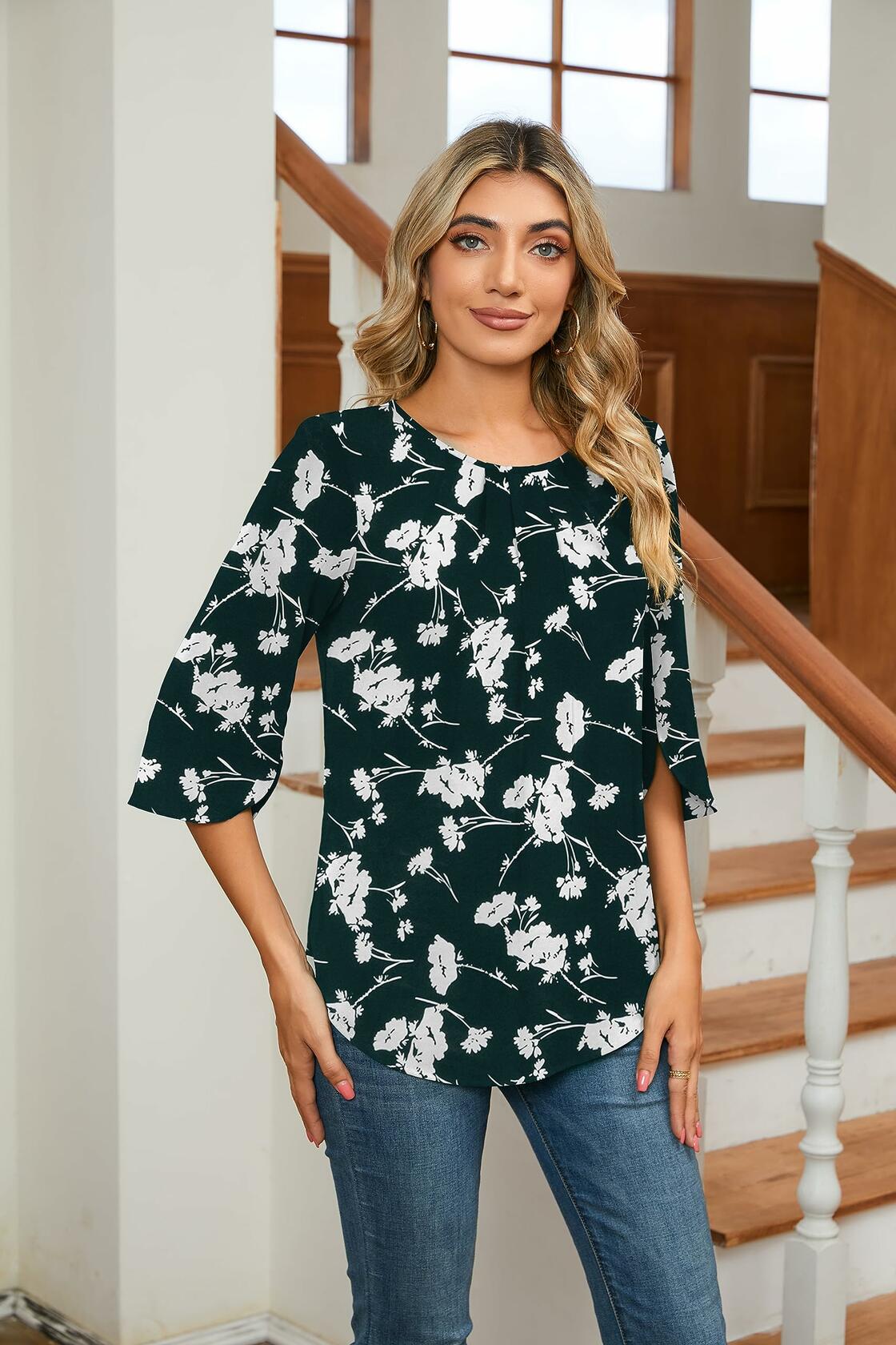 TASAMO Women's 3/4 Sleeve Loose Blouse Tunic Top Dark Green Size XX-Large