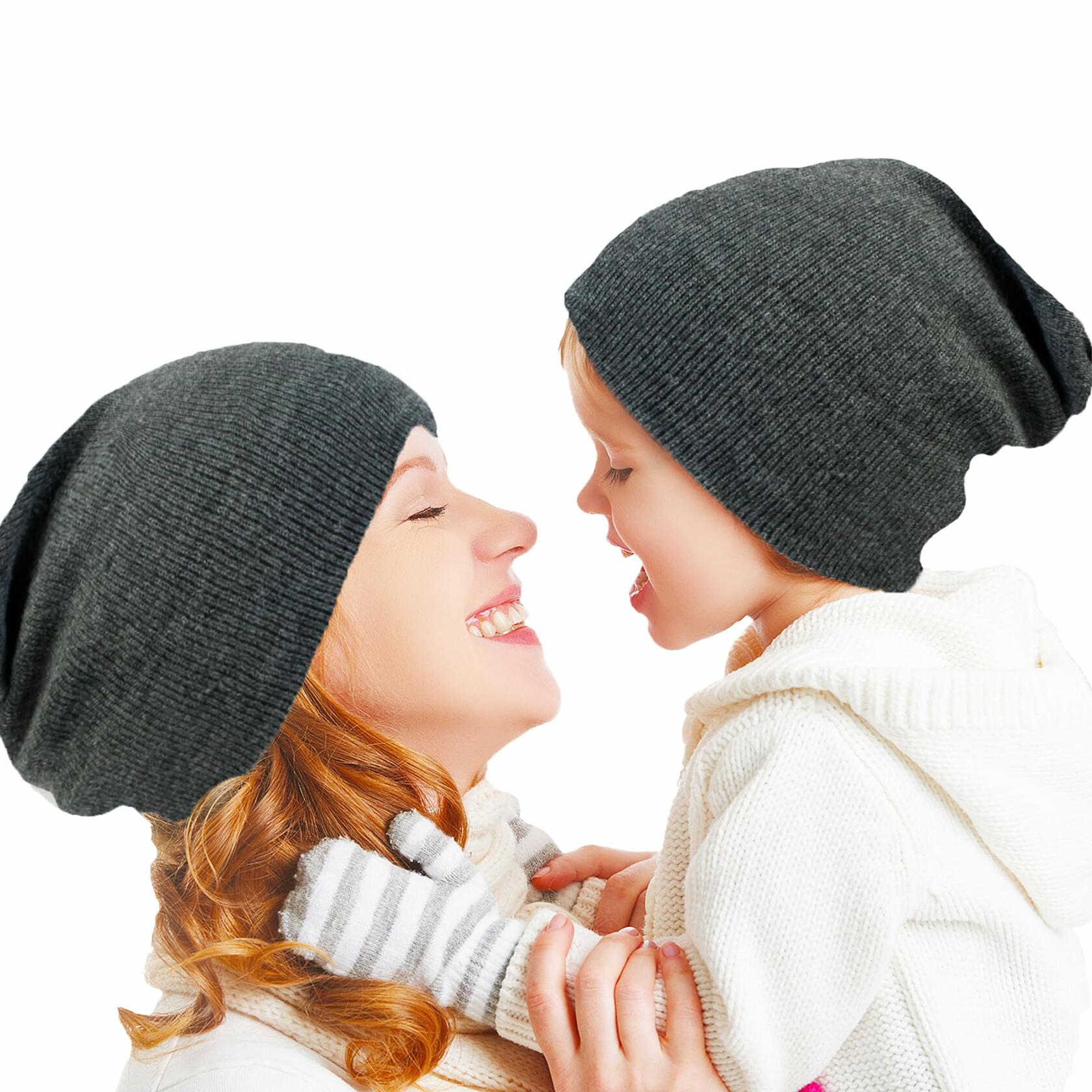 2PCS Parent-Child Beanie Hat Winter Knitted Warm Family Hats Set Beige