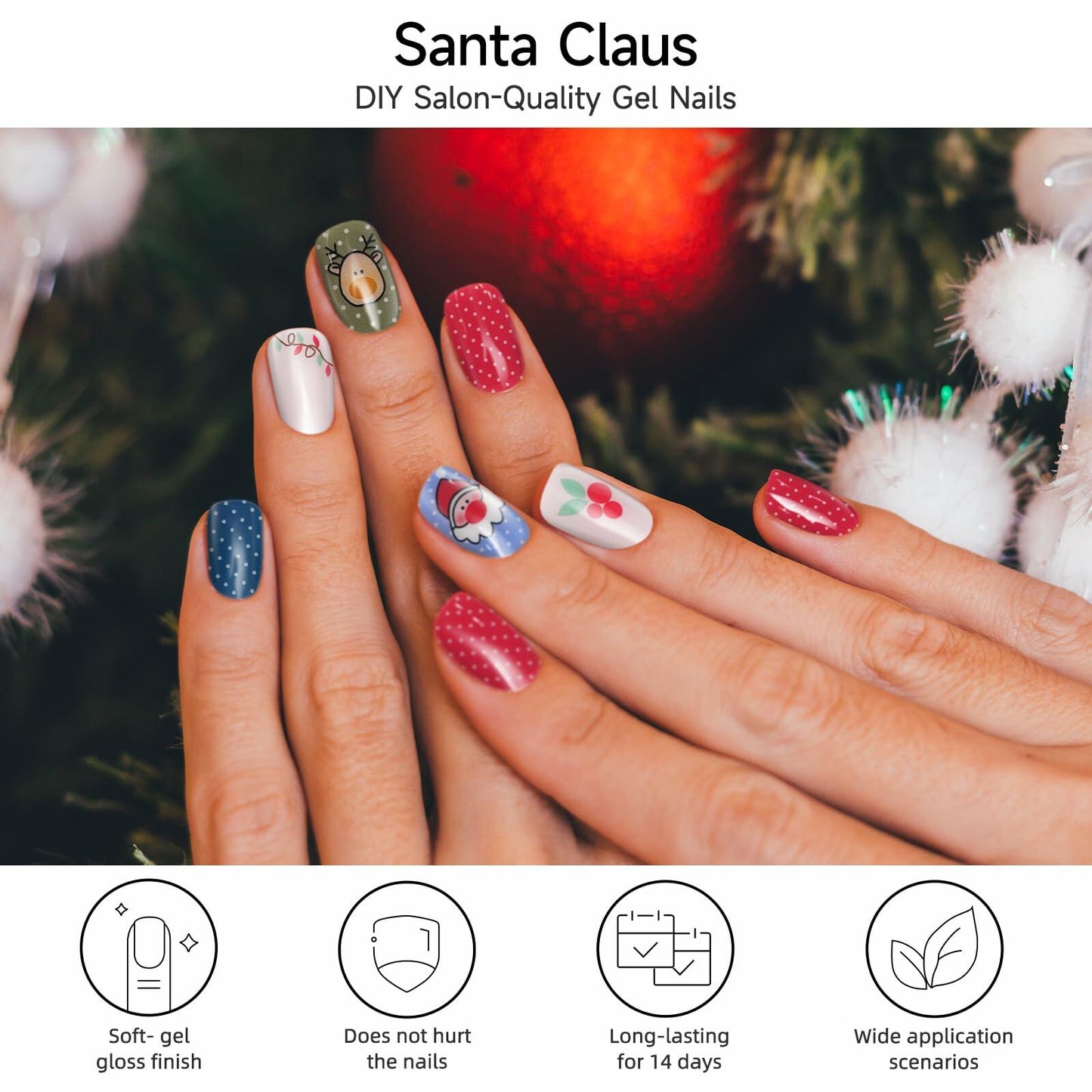 DUKASOU Christmas Semi Cured Gel Nail Strips Santa Claus 28 PCS UV Light