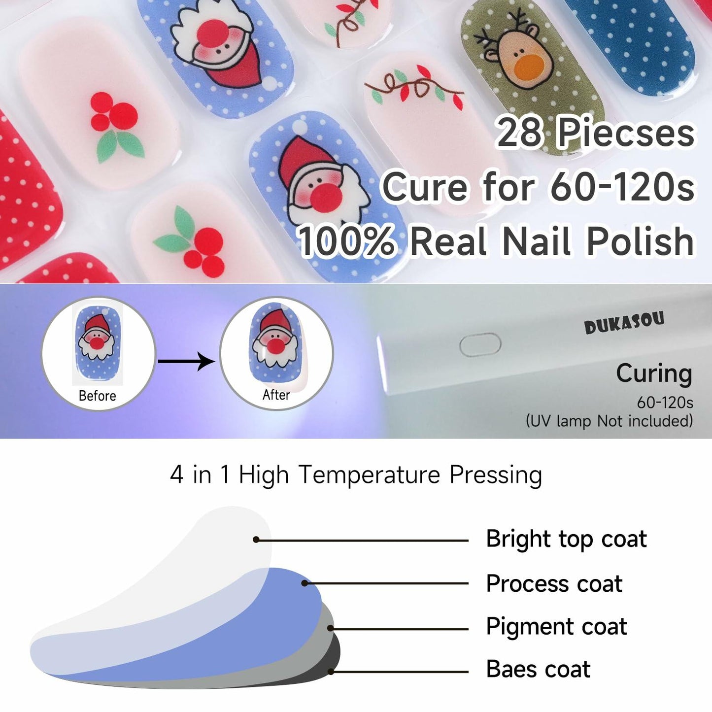 DUKASOU Christmas Semi Cured Gel Nail Strips Santa Claus 28 PCS UV Light