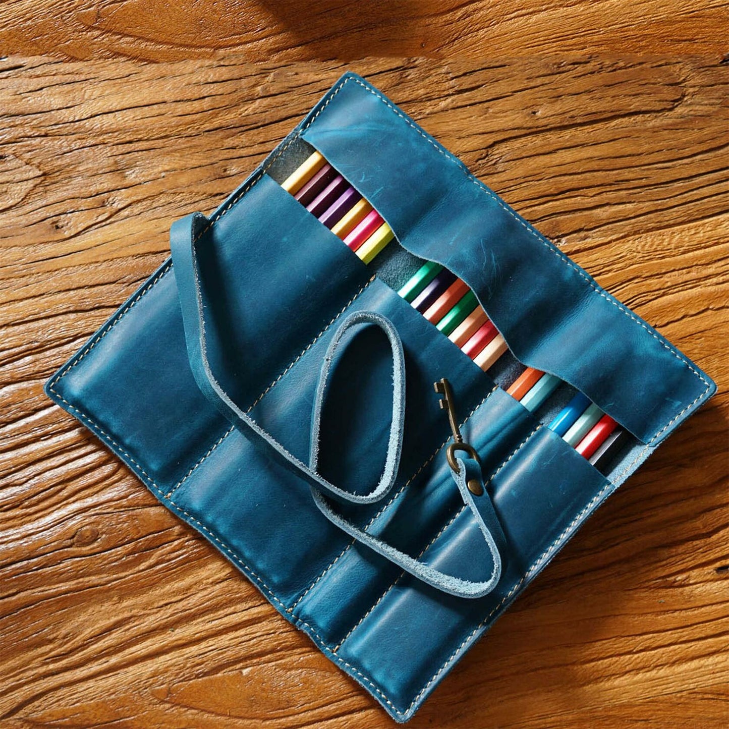 AIGUONIU Genuine Leather Rollup Pencil Case Pouch Wrap Red