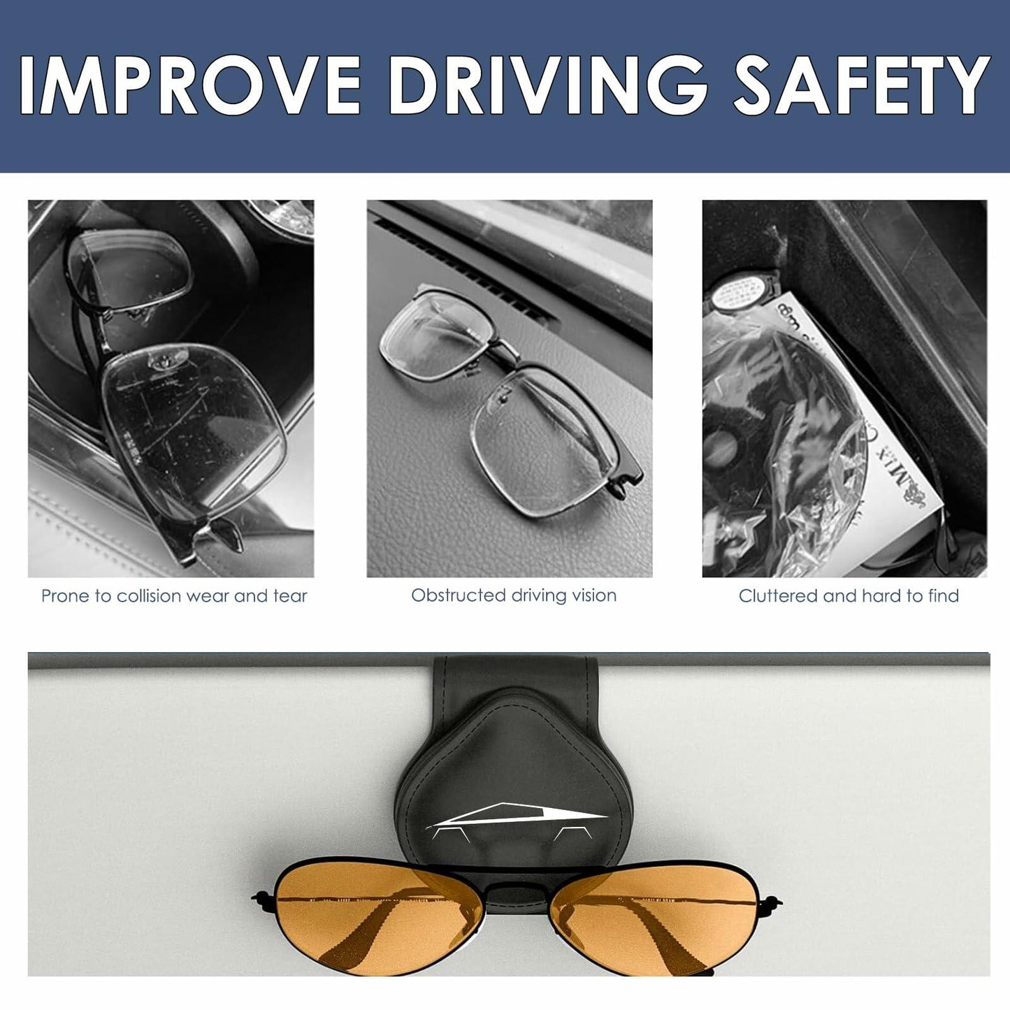 Car Sunglass Holder Tesla Cybertruck 2024-2025 Leather Visor Eyeglass Clip White