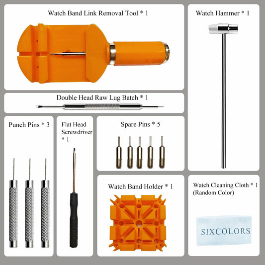 SIXCOLORS Watch Link Band Pin Removal Tool Kit with Hammer Black Storage Bag