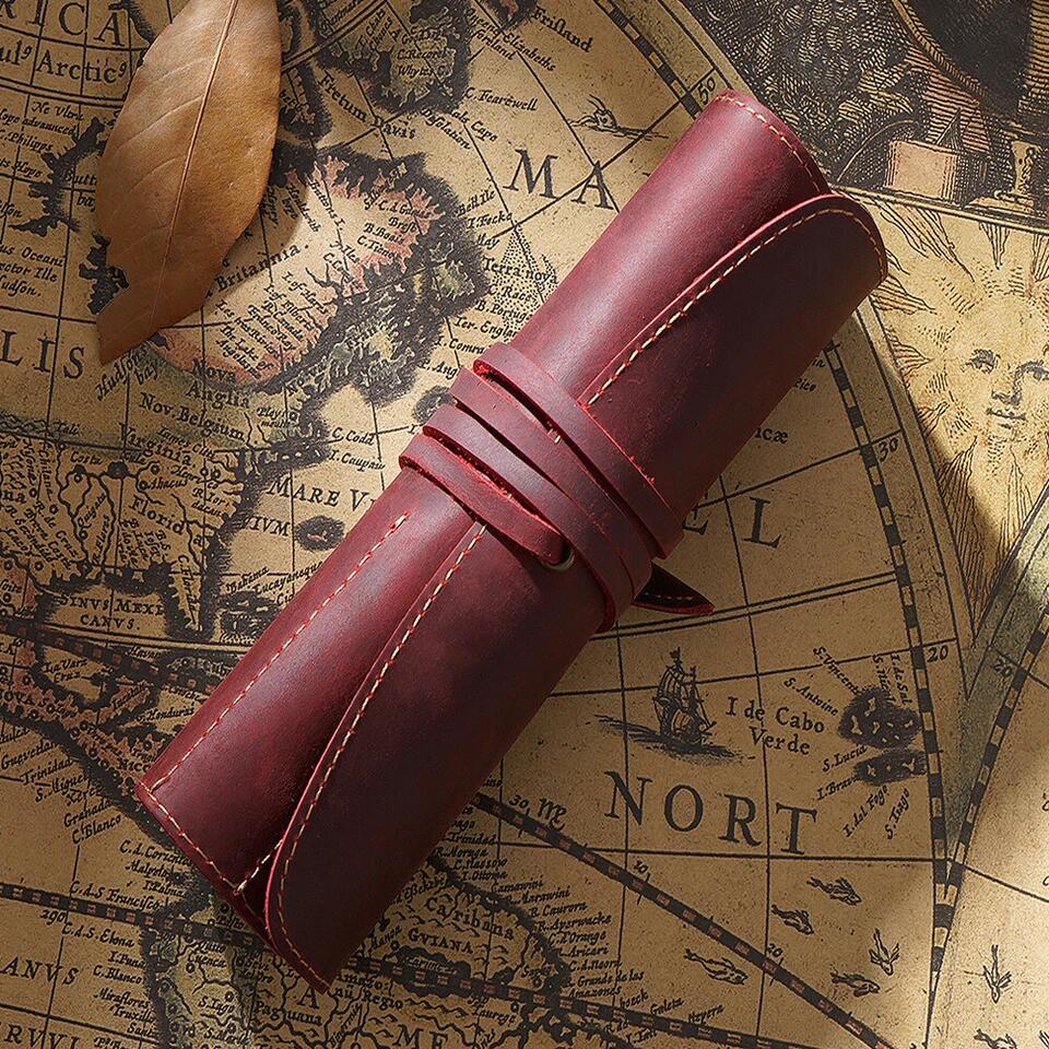 AIGUONIU Genuine Leather Rollup Pencil Case Pouch Wrap Red