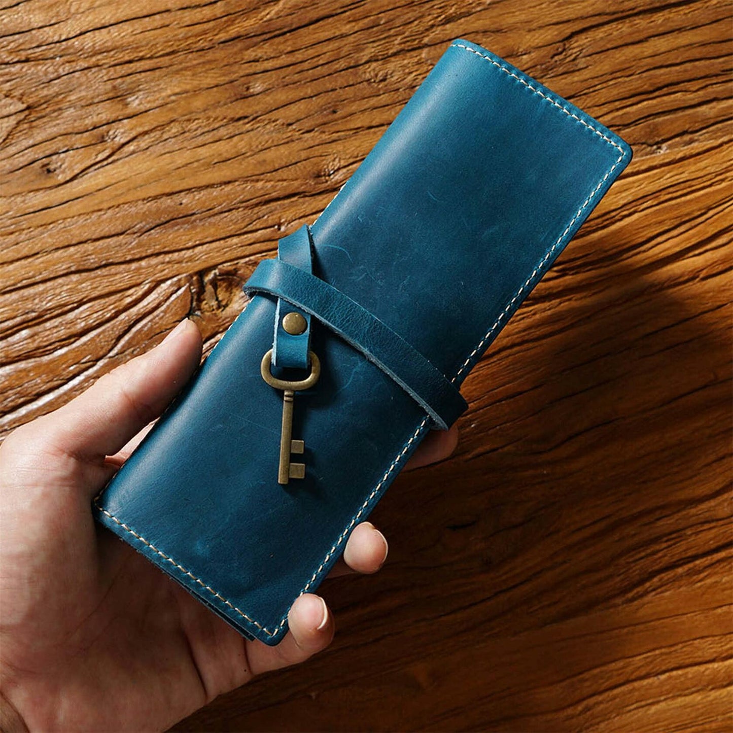 AIGUONIU Genuine Leather Rollup Pencil Case Pouch Wrap Red