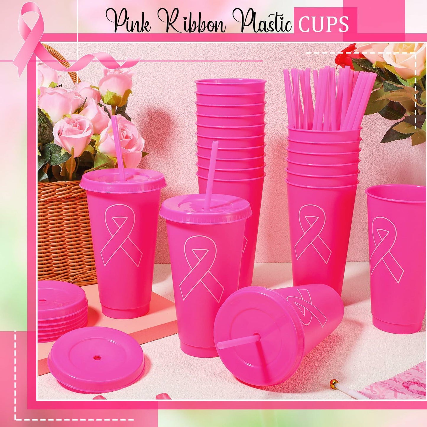 Bokon 24oz Breast Cancer Awareness Pink Tumblers with Straws 12 Pack