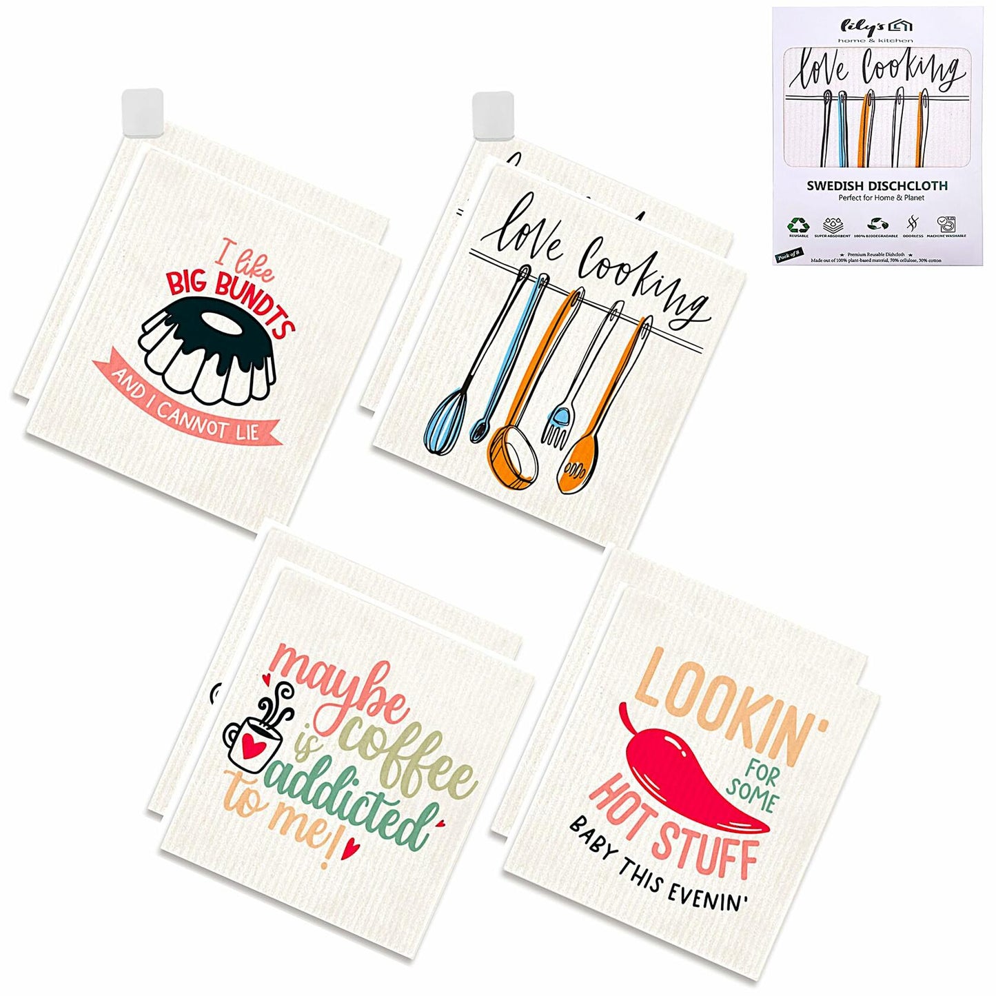 Lily's Home & Kitchen Swedish Dishcloths 8 Pack with 2 Clips Multi Color