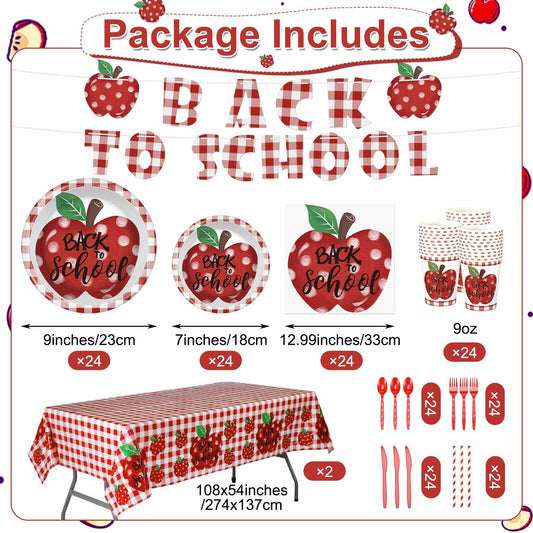 Zhehao 195 Pc Back to School Party Tableware Set Apple Red White Green