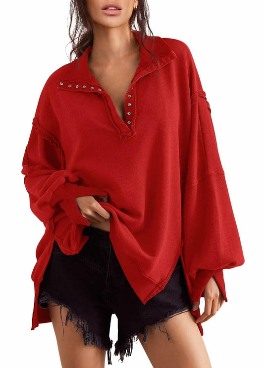 BWQ Women's Oversized Henley Sweatshirt Long Sleeve Pullover Red2 Size M