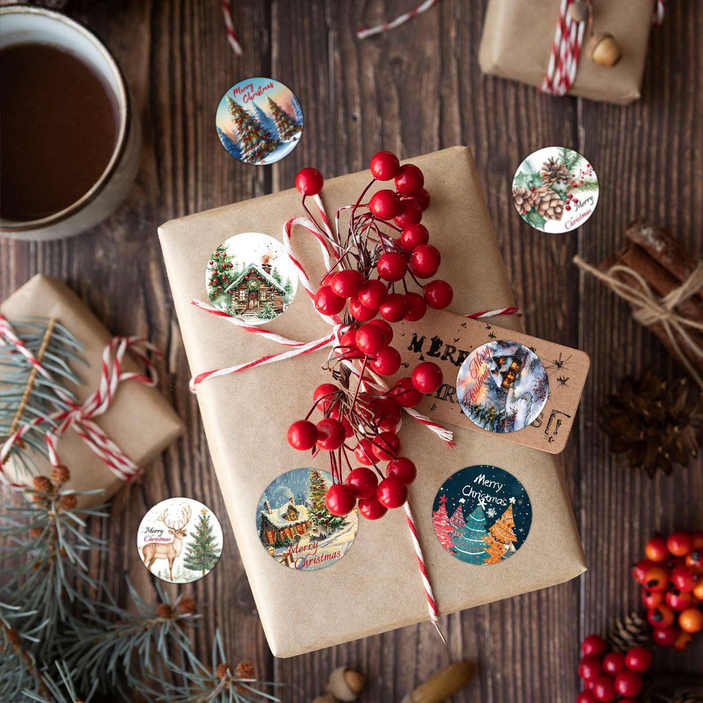 wuhuzsm 1000Pcs Christmas Stickers 2 Rolls Rustic Tree Wreath Elk Green