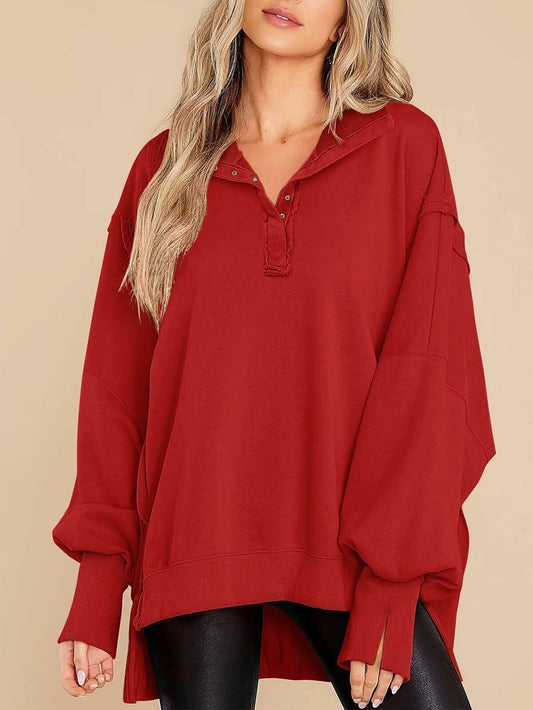 BWQ Women's Oversized Henley Sweatshirt Long Sleeve Pullover Red2 Size M