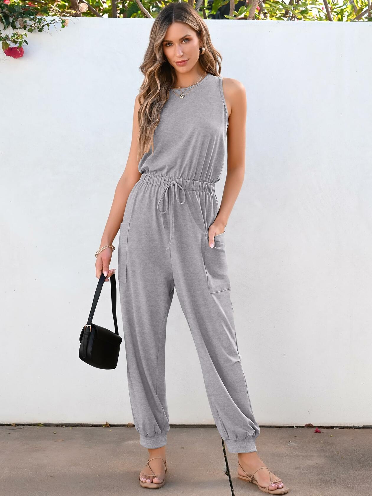 ANRABESS Women's Sleeveless Crewneck Jumpsuit Romper Grey Size Small