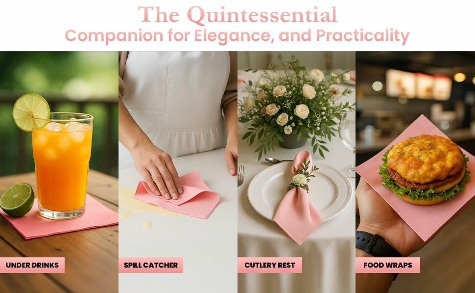 MalMall 100-Pack Airlaid Pink Cocktail Napkins 1-Ply 4.9x4.9in Soft Absorbent