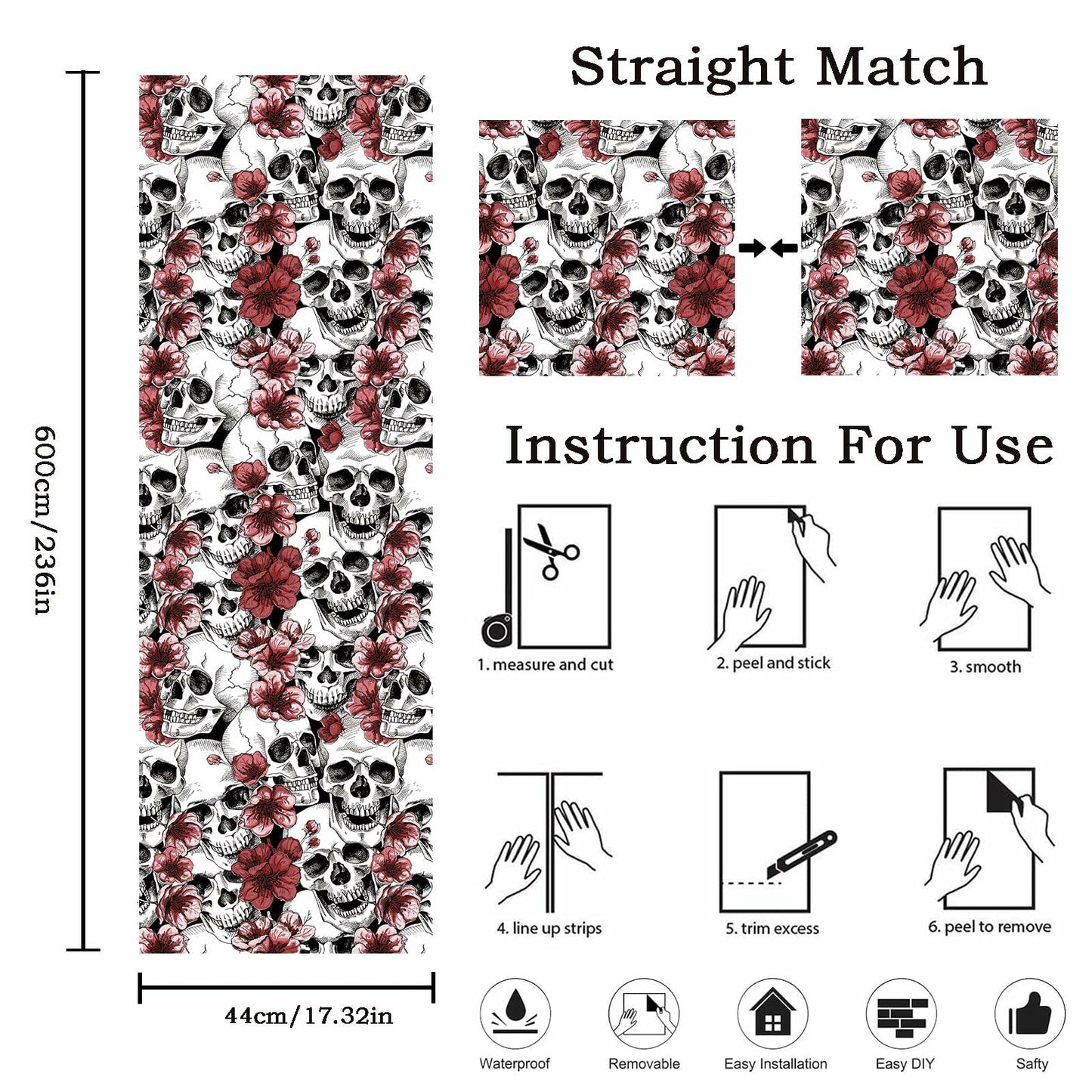 LwenSnow Halloween Skull Floral Peel Stick Wallpaper Red 17.3x236 Vinyl