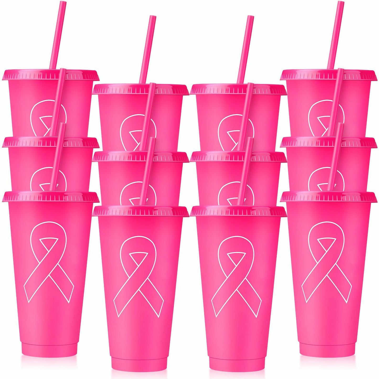 Bokon 24oz Breast Cancer Awareness Pink Tumblers with Straws 12 Pack