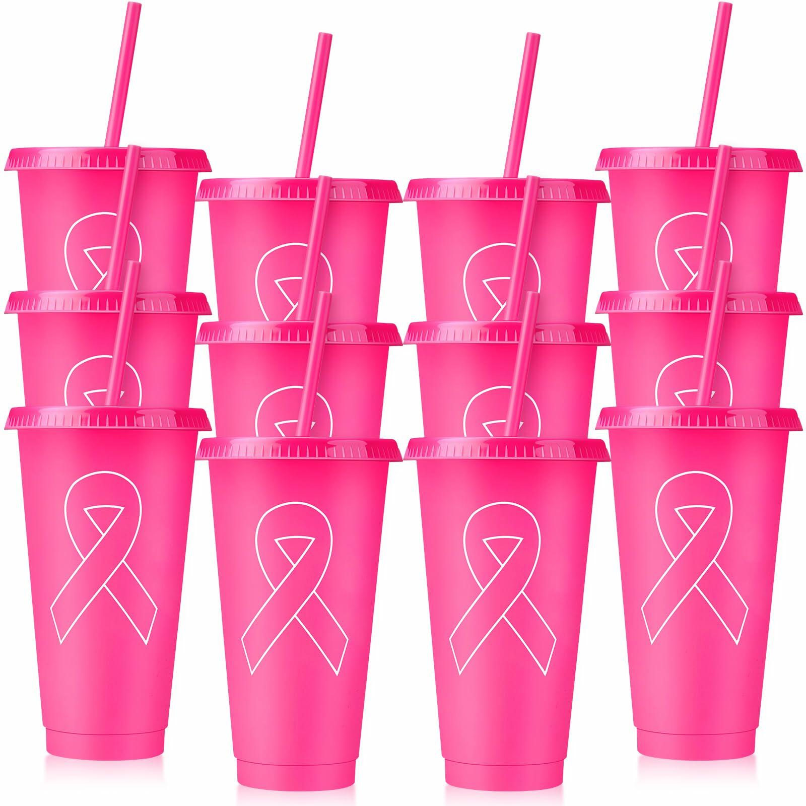 Bokon 24oz Breast Cancer Awareness Pink Tumblers with Straws 12 Pack