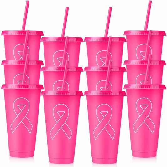 Bokon 24oz Breast Cancer Awareness Pink Tumblers with Straws 12 Pack