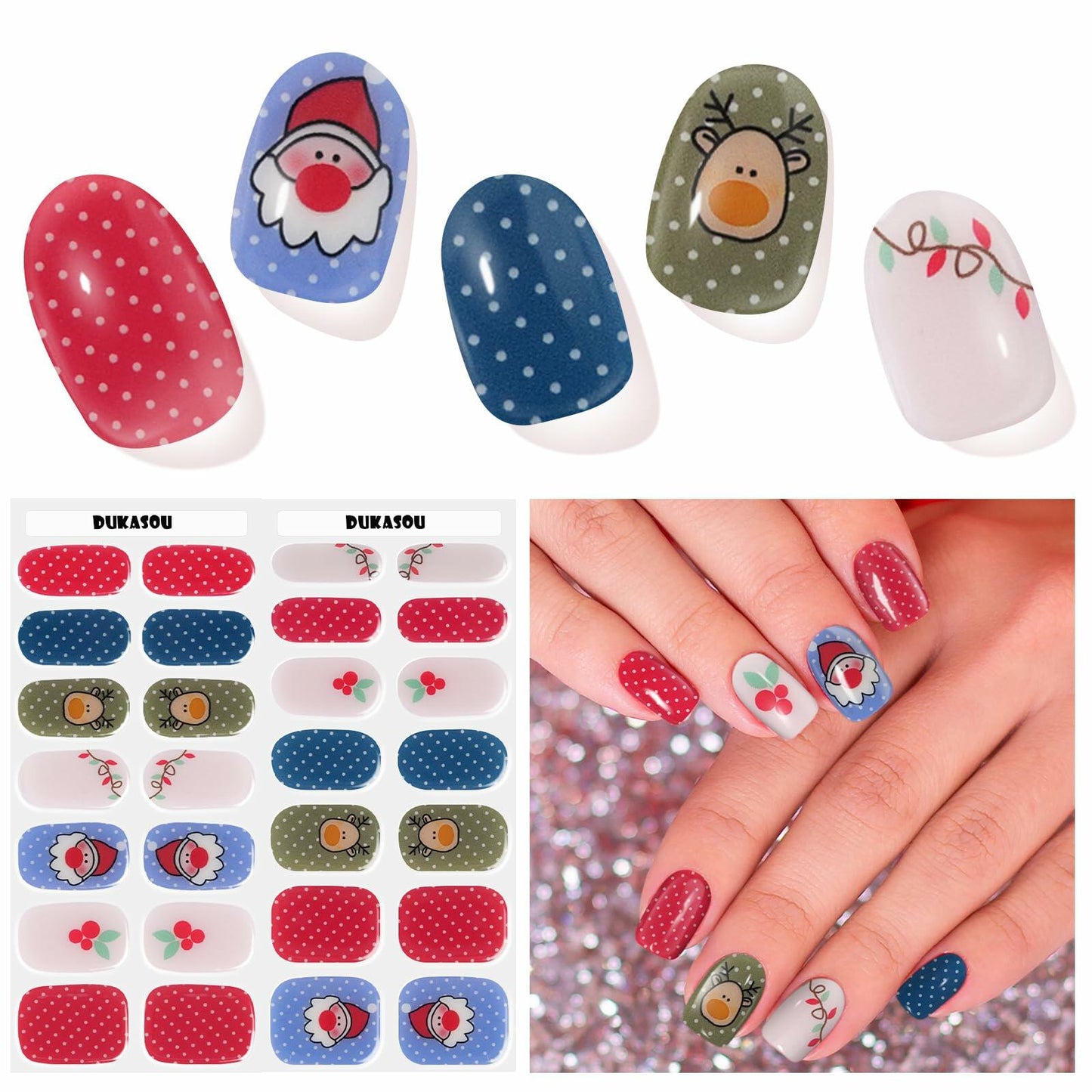 DUKASOU Christmas Semi Cured Gel Nail Strips Santa Claus 28 PCS UV Light
