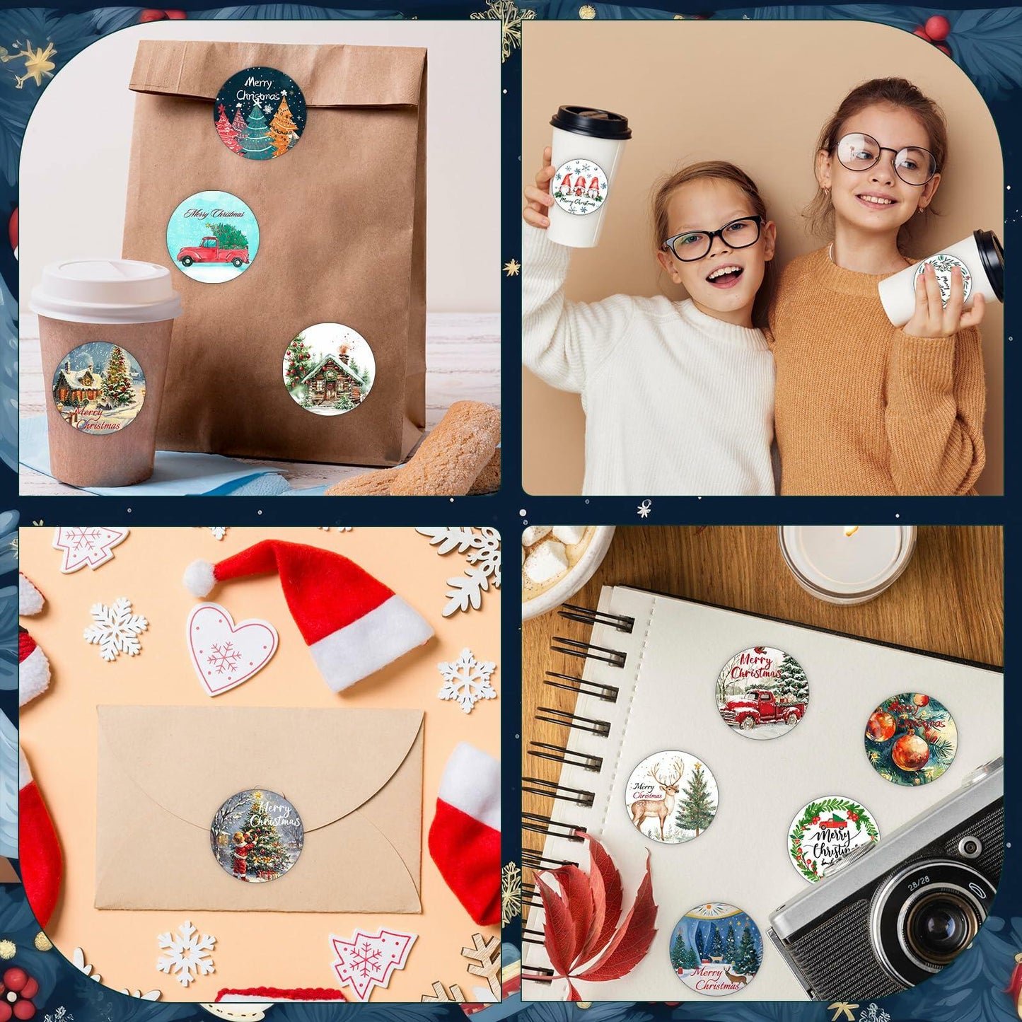 wuhuzsm 1000Pcs Christmas Stickers 2 Rolls Rustic Tree Wreath Elk Green