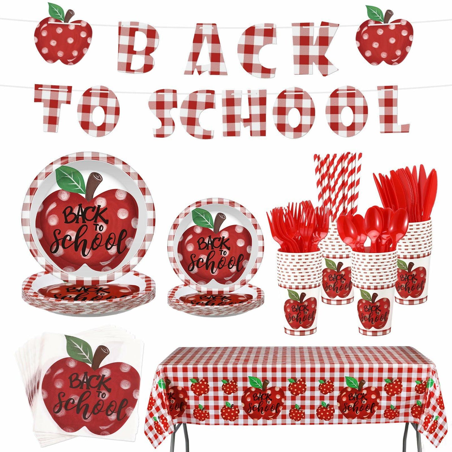 Zhehao 195 Pc Back to School Party Tableware Set Apple Red White Green