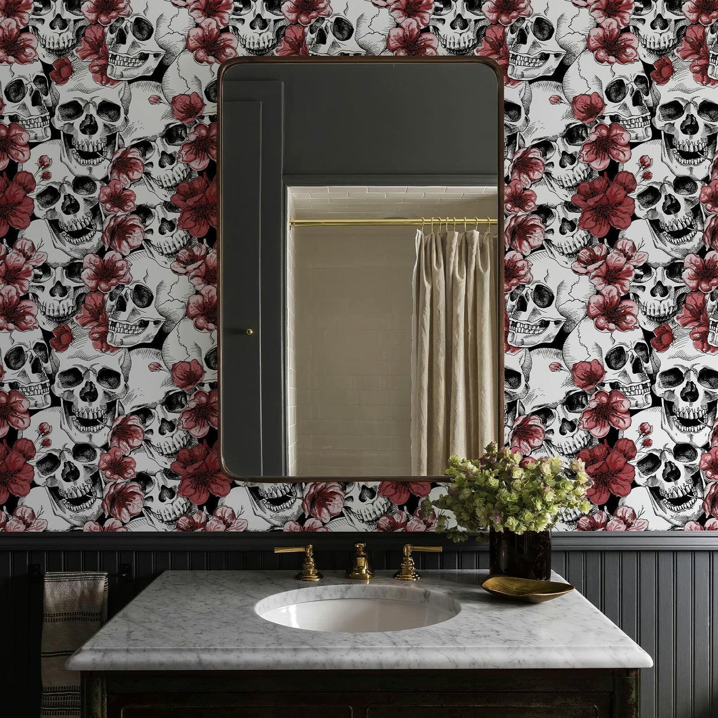 LwenSnow Halloween Skull Floral Peel Stick Wallpaper Red 17.3x236 Vinyl